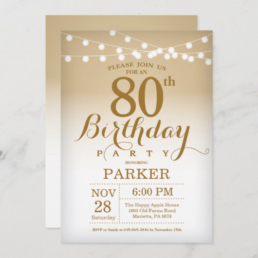 80th Birthday Invitation Gold String Lights Kaart (Voorkant / Achterkant)