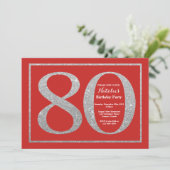80th Birthday Invitation Red en Silver Glitter Kaart (Staand voorkant)