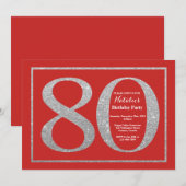 80th Birthday Invitation Red en Silver Glitter Kaart (Voorkant / Achterkant)