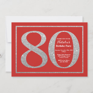 80th Birthday Invitation Red en Silver Glitter Kaart