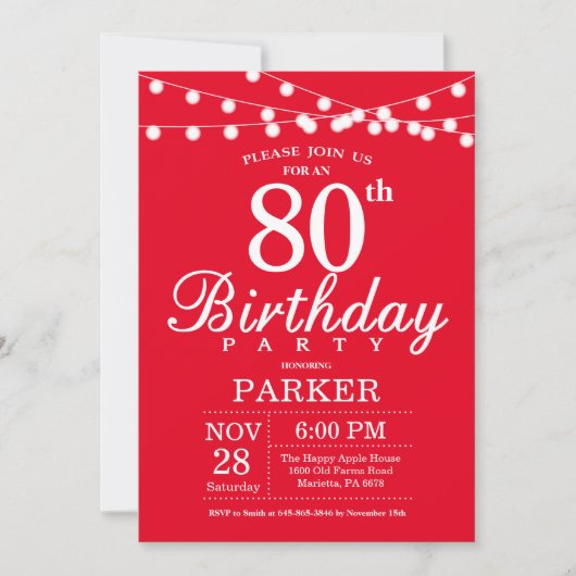 80th Birthday Invitation Red Kaart (Voorkant)