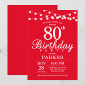 80th Birthday Invitation Red Kaart (Voorkant / Achterkant)