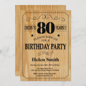 80th Birthday Invitation Rustic Wood Kaart (Voorkant / Achterkant)