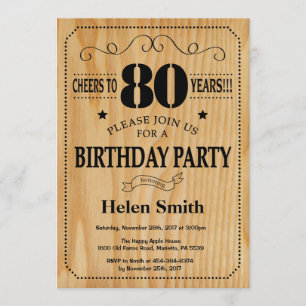 80th Birthday Invitation Rustic Wood Kaart