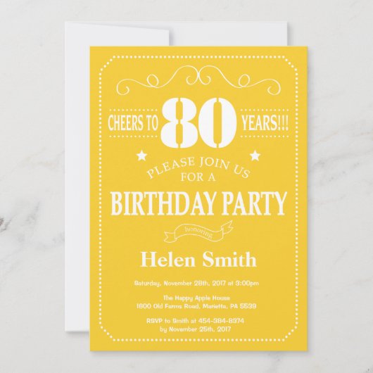 80th Birthday Invitation Yellow and White Kaart (Voorkant)