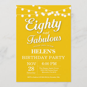 80th Birthday Invitation Yellow Fabulous Kaart