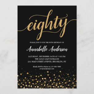 80th Birthday Modern Black Gold Confetti Script Kaart