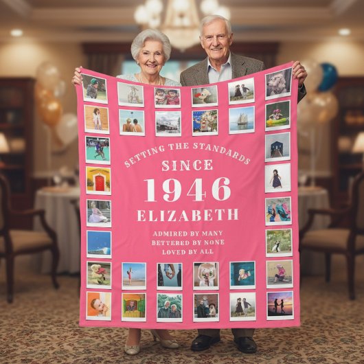 80th Birthday Mother Family Photo collage Pink Fleece Deken