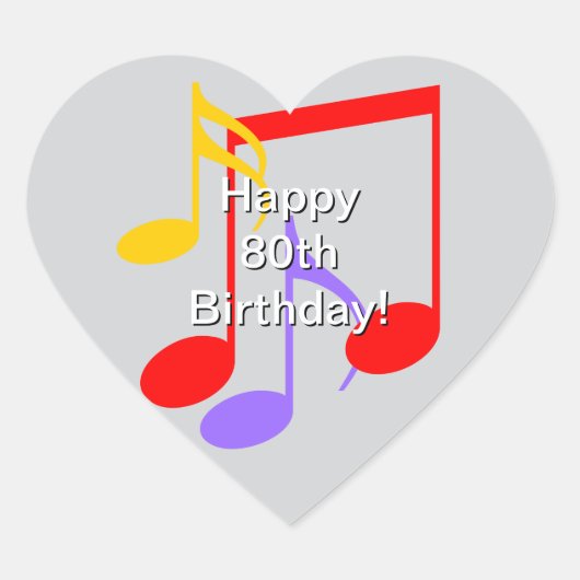 80th Birthday Music Notes Heart Sticker (Voorkant)