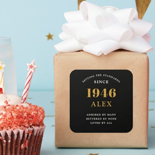 80th Birthday Name 1946 Black Gold Elegant Chic Vierkante Sticker