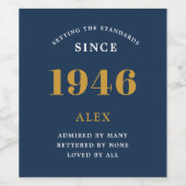 80th Birthday Name 1946 Blue Gold Elegant Chic Wijn Etiket (Enkel label)