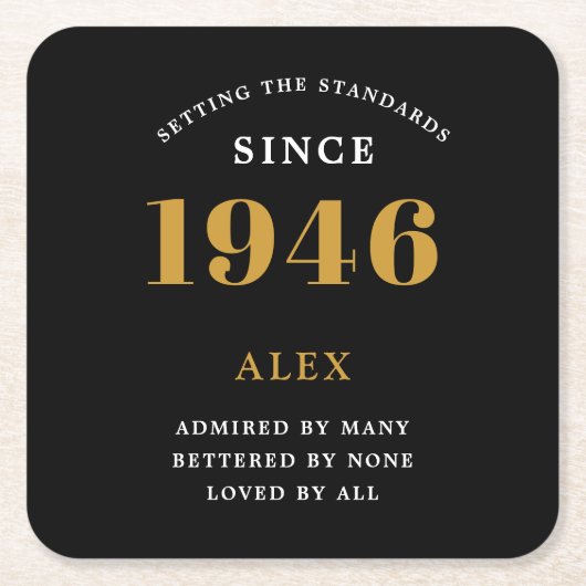 80th Birthday Name 1946 Year Black Gold Custom Kartonnen Onderzetters (Voorkant)