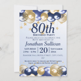 80th Birthday Navy Gold Balloons Party Kaart