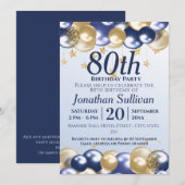80th Birthday Navy Gold Balloons Party Kaart (Voorkant / Achterkant)