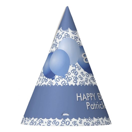 80th Birthday Number Pattern Blue/White Scallops Feesthoedjes (Links)