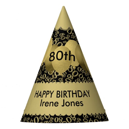 80th Birthday Number Pattern Gold/Black Scallops Feesthoedjes (Voorkant)