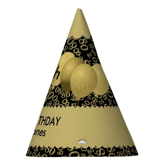 80th Birthday Number Pattern Gold/Black Scallops Feesthoedjes (Rechts)