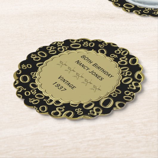 80th Birthday Number Pattern Gold/Black Scallops Kartonnen Onderzetters (Gekanteld)