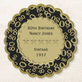 80th Birthday Number Pattern Gold/Black Scallops Kartonnen Onderzetters (Voorkant)