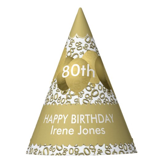 80th Birthday Number Pattern Gold/White Scallops Feesthoedjes (Voorkant)