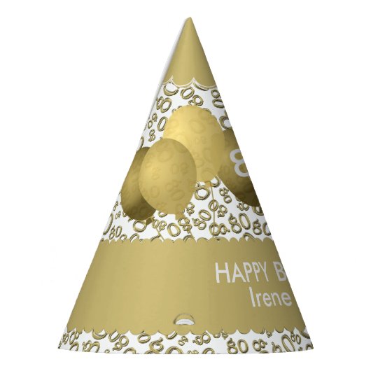 80th Birthday Number Pattern Gold/White Scallops Feesthoedjes (Links)