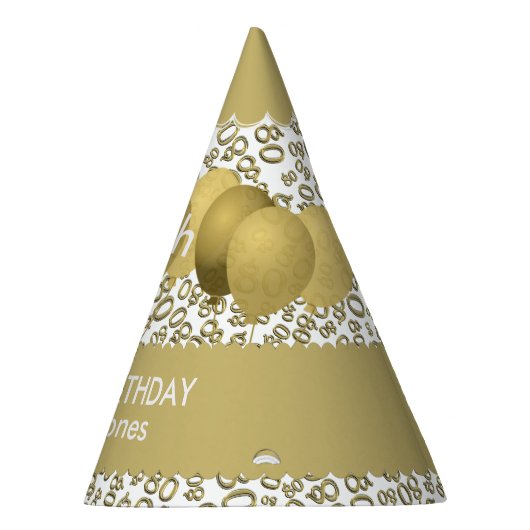 80th Birthday Number Pattern Gold/White Scallops Feesthoedjes (Rechts)