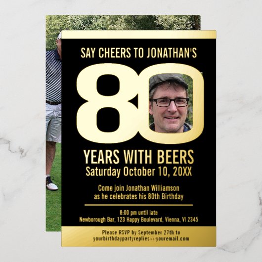 80th Birthday party black gold folie foto bier Uitnodiging (Voorkant / Achterkant)
