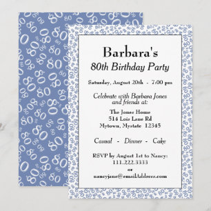 80th Birthday Party Blue and White Number Pattern Kaart