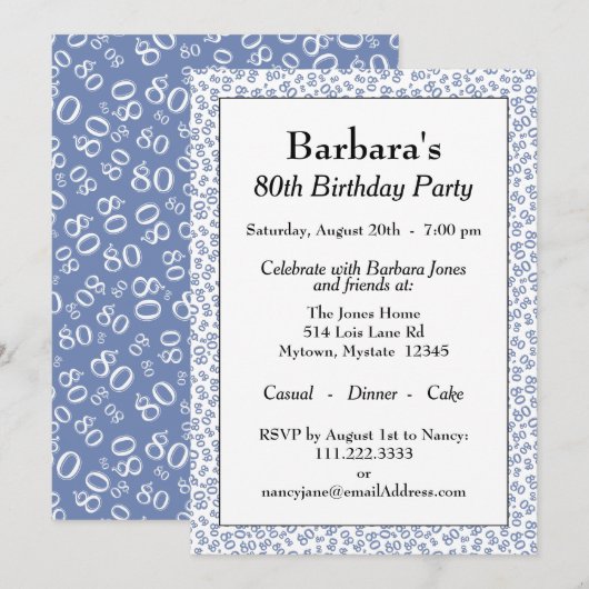 80th Birthday Party Blue and White Number Pattern Kaart (Voorkant / Achterkant)