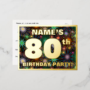80th Birthday Party: Bold, Colorful Fireworks Look Folie Uitnodiging Briefkaart