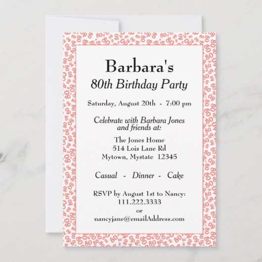 80th Birthday Party Cora and White Number Pattern Kaart (Voorkant)