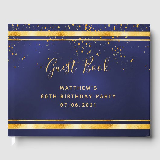 80th Birthday Party dark blue gold confetti Gastenboek (Voorkant)