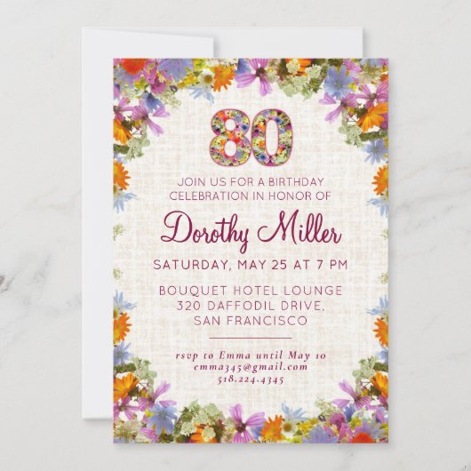 80th Birthday Party – Elegant Floral Linen Design Kaart (Voorkant)