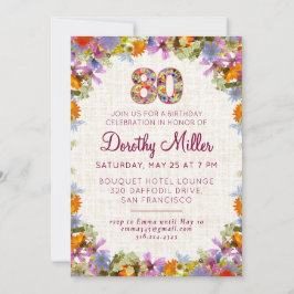 80th Birthday Party – Elegant Floral Linen Design Kaart