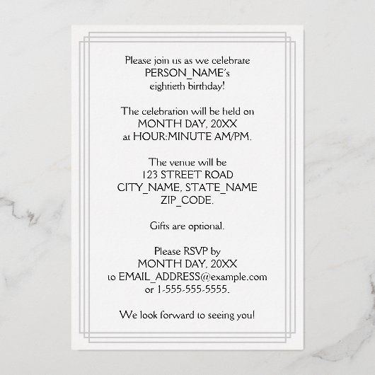 80th Birthday Party — Elegant Script + aangepaste  Folie Uitnodiging (Achterkant)