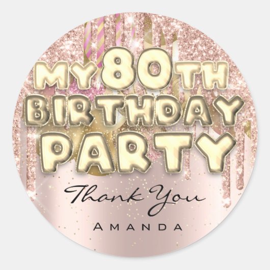 80th Birthday Party Glitter Ballon Roos Ronde Sticker (Voorkant)