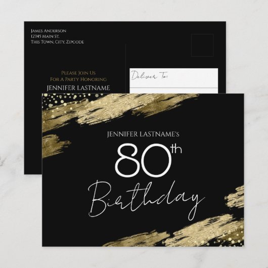 80th Birthday Party Gold Black Invitation Briefkaa Briefkaart (Voorkant / Achterkant)