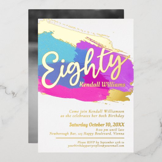 80th Birthday party gouden foto heldere abstracte Folie Uitnodiging (Voorkant / Achterkant)