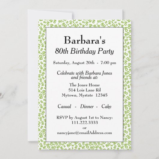 80th Birthday Party Green and White Number Pattern Kaart (Voorkant)