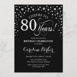 80th Birthday Party Invitation - Silver Black Kaart
