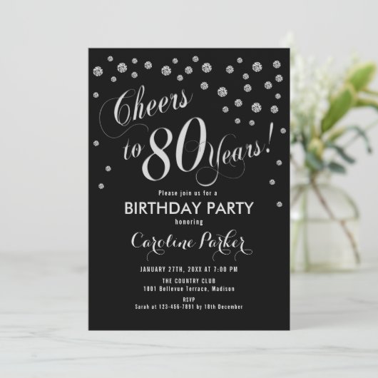 80th Birthday Party Invitation - Silver Black Kaart (Staand voorkant)