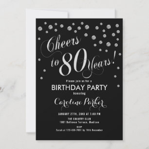 80th Birthday Party Invitation - Silver Black Kaart