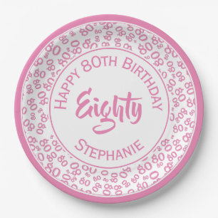80th Birthday Party Number Pattern Pink and White Papieren Bordje