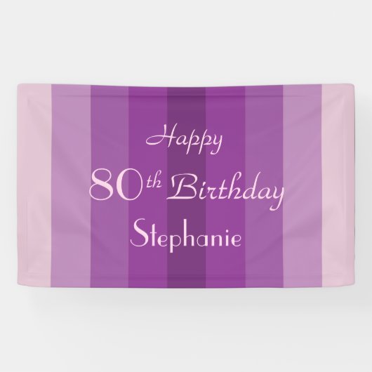 80th Birthday Party Paarse Stripe personaliseren Spandoek (Horizontaal)