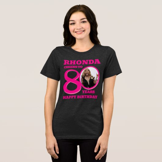 80th Birthday photo and name pink text Tri-Blend Shirt (Voorkant volledig)