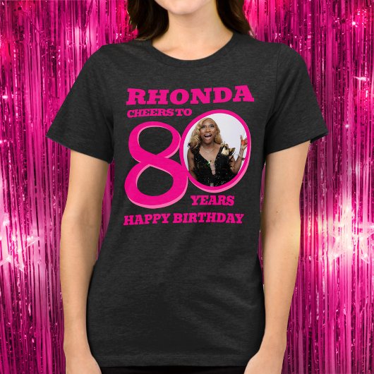 80th Birthday photo and name pink text Tri-Blend Shirt