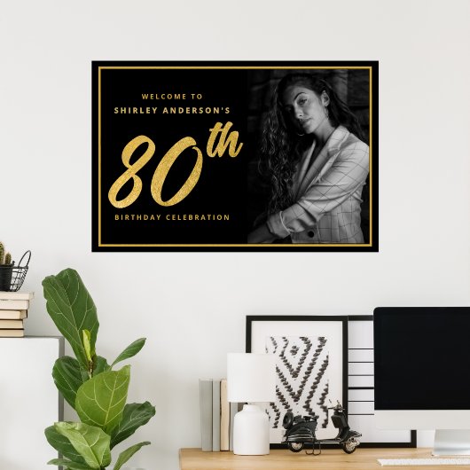 80th Birthday Photo Black Faux Gold Leaf Elegant  Poster (Thuiskantoor)