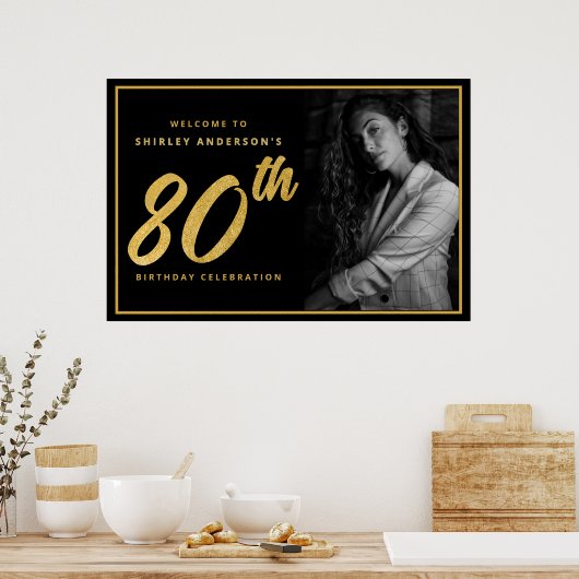 80th Birthday Photo Black Faux Gold Leaf Elegant  Poster (Keuken)
