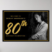 80th Birthday Photo Black Faux Gold Leaf Elegant  Poster (Voorkant)