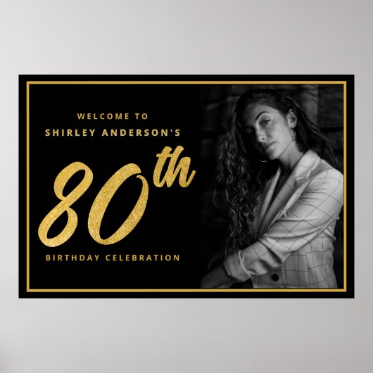80th Birthday Photo Black Faux Gold Leaf Elegant  Poster (Voorkant)